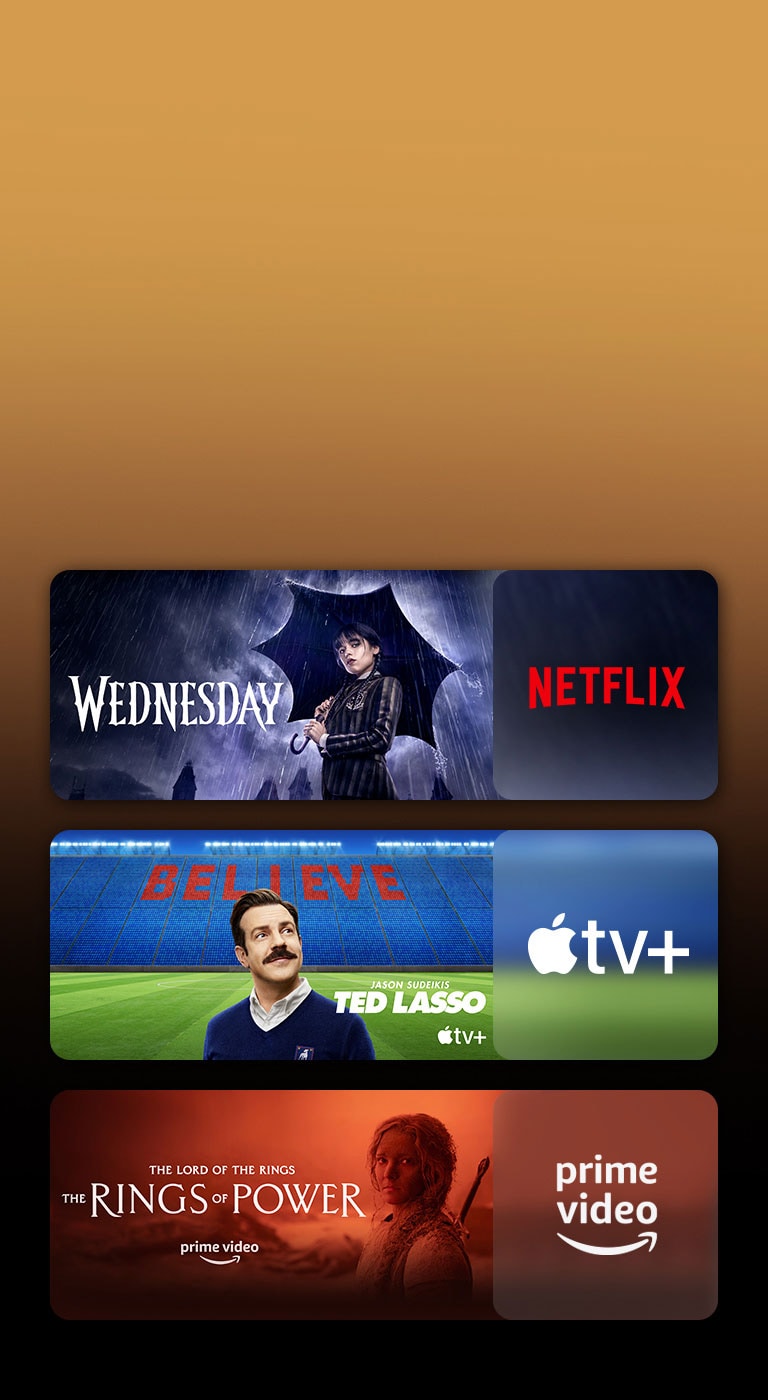 Λογότυπα των πλατφορμών υπηρεσιών streaming και αντίστοιχο υλικό ακριβώς δίπλα σε κάθε λογότυπο. Εμφανίζονται εικόνες των σειρών Wednesday του Netflix, TED LASSO του Apple TV και The rings of power του PRIME VIDEO.