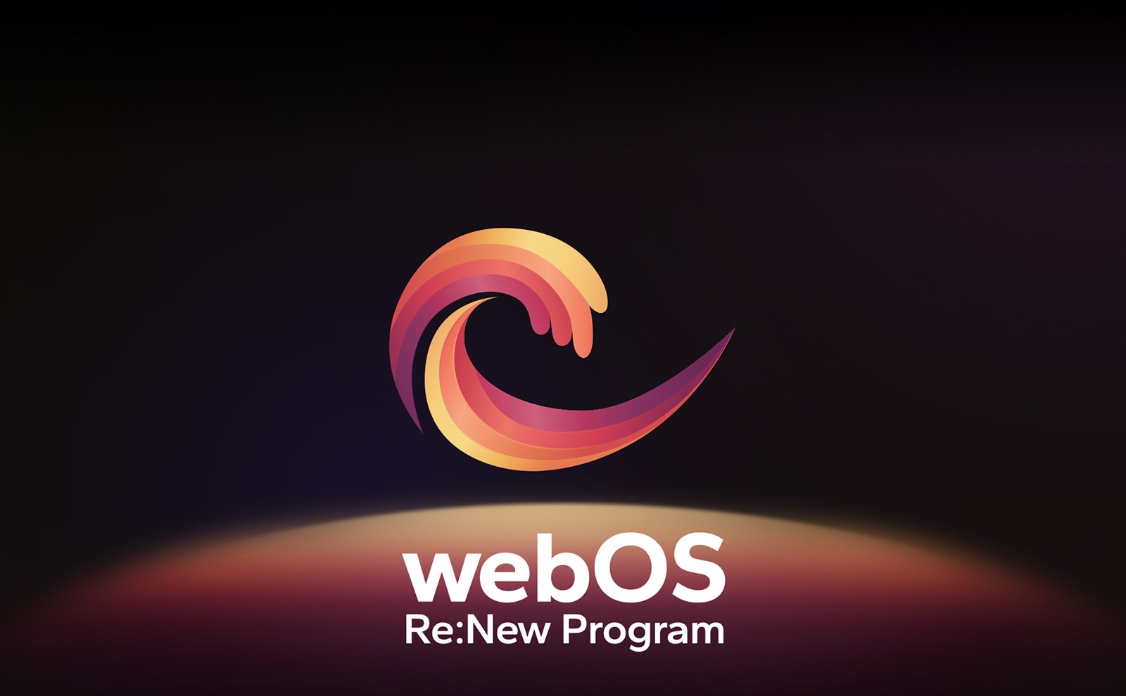 Μια εικόνα του λογότυπου webOS Re:New Program μπροστά από ένα μαύρο φόντο με το επάνω μέρος μιας κίτρινης και πορτοκαλί, μωβ κυκλικής σφαίρας στο κάτω μέρος.