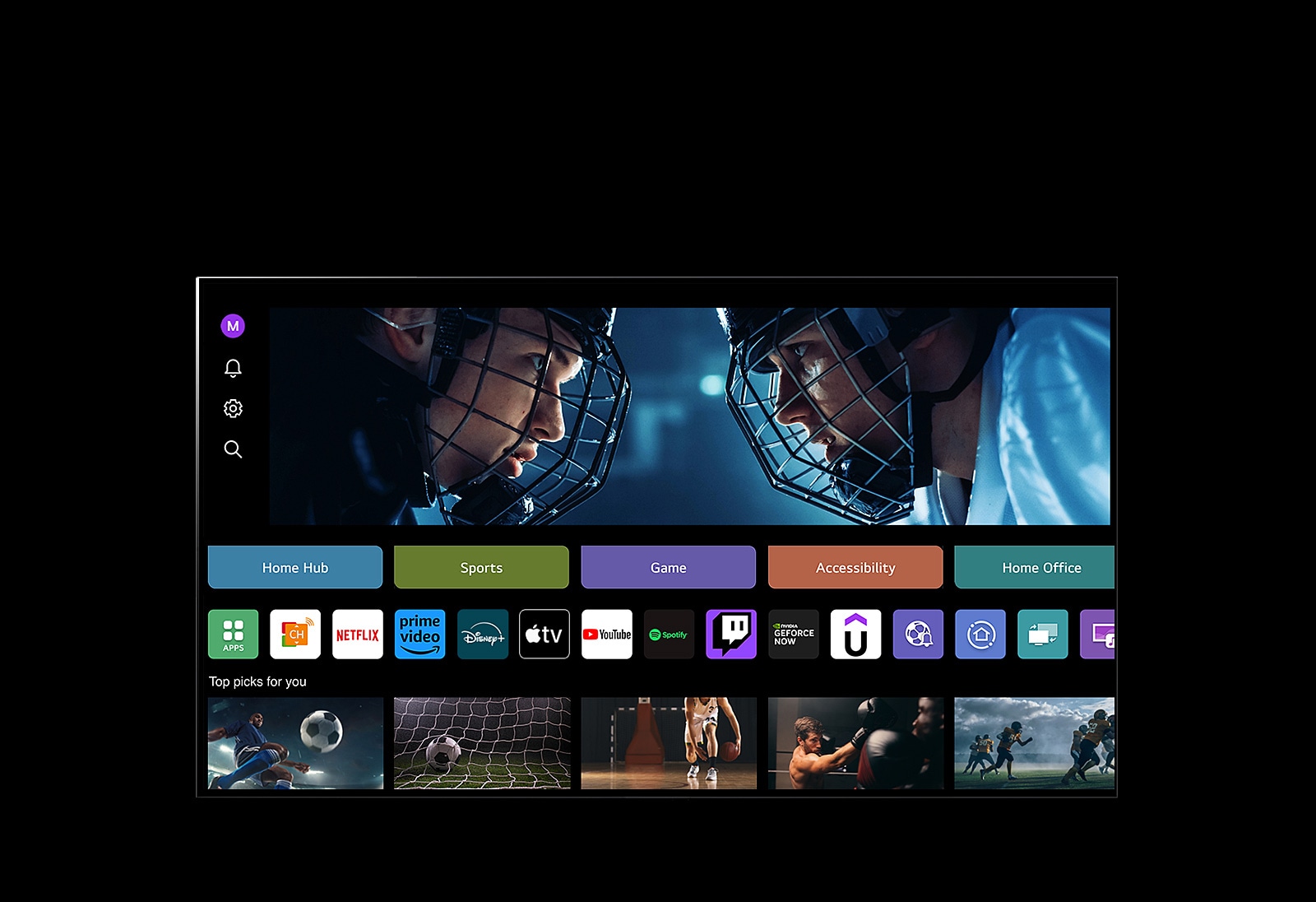 Μια οθόνη LG TV δείχνει την εικόνα «Το προφίλ μου». Στην κορυφή, εμφανίζεται ένα πλαίσιο για το Tangible Wonders. Κάτω από το πλαίσιο, εμφανίζονται τα παρακάτω κουμπιά: Home Hub, Sports, Game, Accessibility, Home Office. Κάτω από τα κουμπιά, εμφανίζονται τα παρακάτω λογότυπα: LG Channels, Netflix, Prime Video, Disney+, Apple TV, YouTube, Spotify, Twitch, GeForce Now και Udemy. Κάτω από τα λογότυπα, εμφανίζονται 5 μικρογραφίες ταινιών κάτω από το κείμενο «Κορυφαίες επιλογές για εσάς». Ένας κέρσορας επιλέγει το αρχικό «S» στην πάνω αριστερή γωνία. Ένα αναπτυσσόμενο μενού LG Account ανοίγει και εμφανίζονται πέντε ονόματα. Ο κέρσορας επιλέγει το δεύτερο όνομα καθώς οι μικρογραφίες και το προτεινόμενο περιεχόμενο στην οθόνη αλλάζουν.