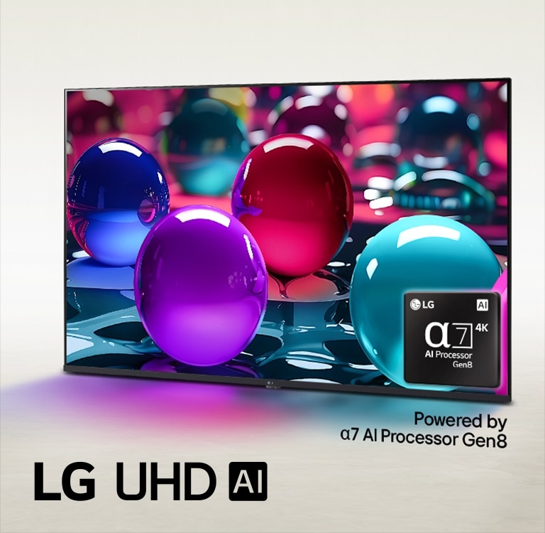 Η LG UHD TV στέκεται σε ελαφρώς γωνιακή άποψη στραμμένη αριστερά και απεικονίζει χρωματιστές μπίλιες σε διαφορετικά χρώματα ροζ, μπλε και μωβ. Το λογότυπο alpha 7 AI Processor Gen8 βρίσκεται ενσωματωμένο στην κάτω δεξιά γωνία της τηλεόρασης. Το λογότυπο LG UHD AI βρίσκεται στην κάτω αριστερή γωνία. Υπάρχει επίσης το ορατό κείμενο, με την ισχύ του alpha 7 AI Processor Gen8.
