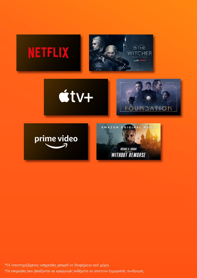Το λογότυπο του Netflix και αφίσες των σειρών "Ο γητευτής" και "Η τέλεια ληστεία". Το λογότυπο του APPLE TV plus και αφίσες των "Foundation" και "FINCH". Το λογότυπο του prime video και αφίσες των "Without Remorse" και "The Wheel of Time". Το λογότυπο του LIVENow και εικόνες teaser από streaming των Mamamoo και Oneus. 