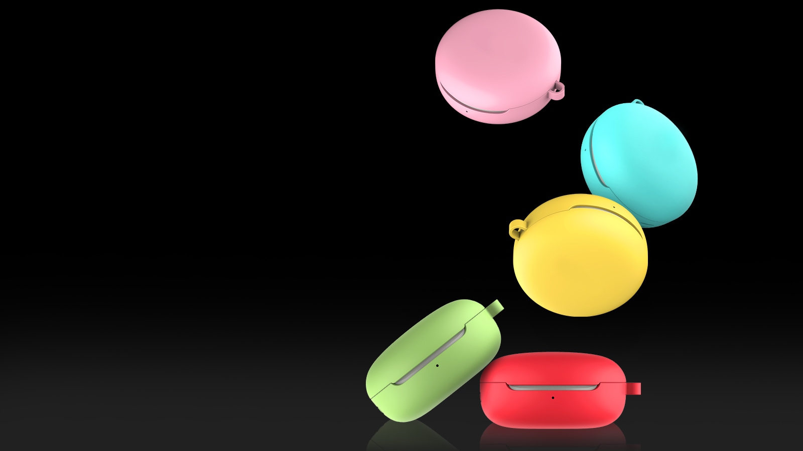 Απεικόνιση πέντε βάσεων LG TONE Free FN6 με καλύμματα σε πέντε διαφορετικά χρώματα με φόντο ένα γυαλιστερό δάπεδο