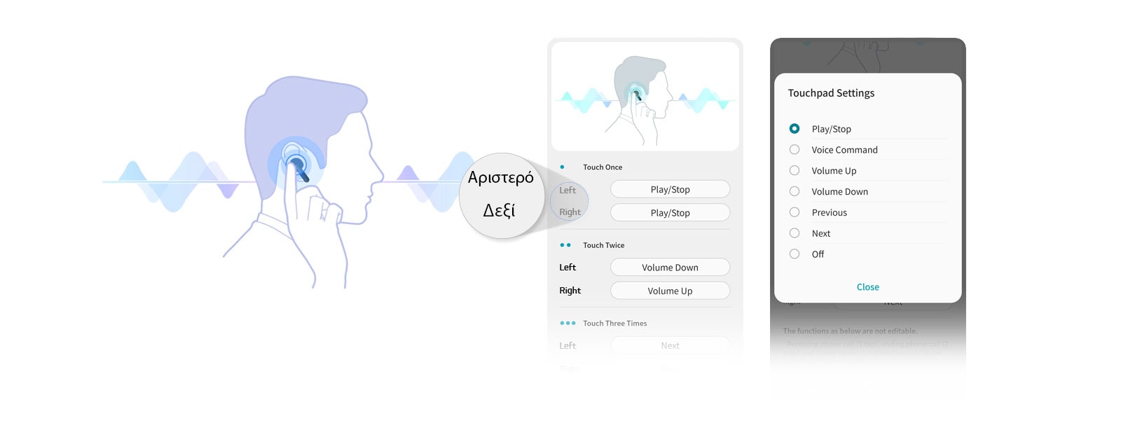 Απεικόνιση ενός άνδρα σε προφίλ, ο οποίος αγγίζει το ακουστικό στο αυτί του. Στις οθόνες UI της εφαρμογές φαίνεται ότι ο χρήστης μπορεί να προσαρμόσει τις ρυθμίσεις της επιφάνειας αφής για το αριστερό και το δεξί ακουστικό.
