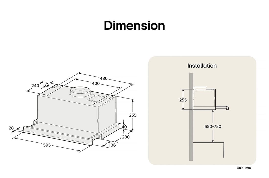 LG Απορροφητήρας Συρόμενος LG 60cm inox με ισχυρή απορρόφηση και LED φωτισμό, Διάγραμμα με τις διαστάσεις του απορροφητήρα και τις απαιτούμενες μετρήσεις εγκατάστασης., HT3Z2413S, thumbnail 2
