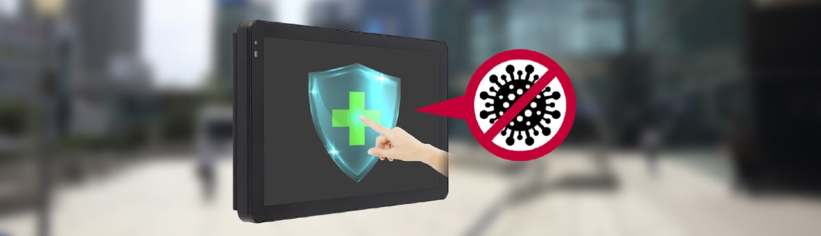 Ένας χρήστης κοιτάζει την οθόνη της 22XF1TJ που διαθέτει αντιβακτηριδιακή επένδυση.