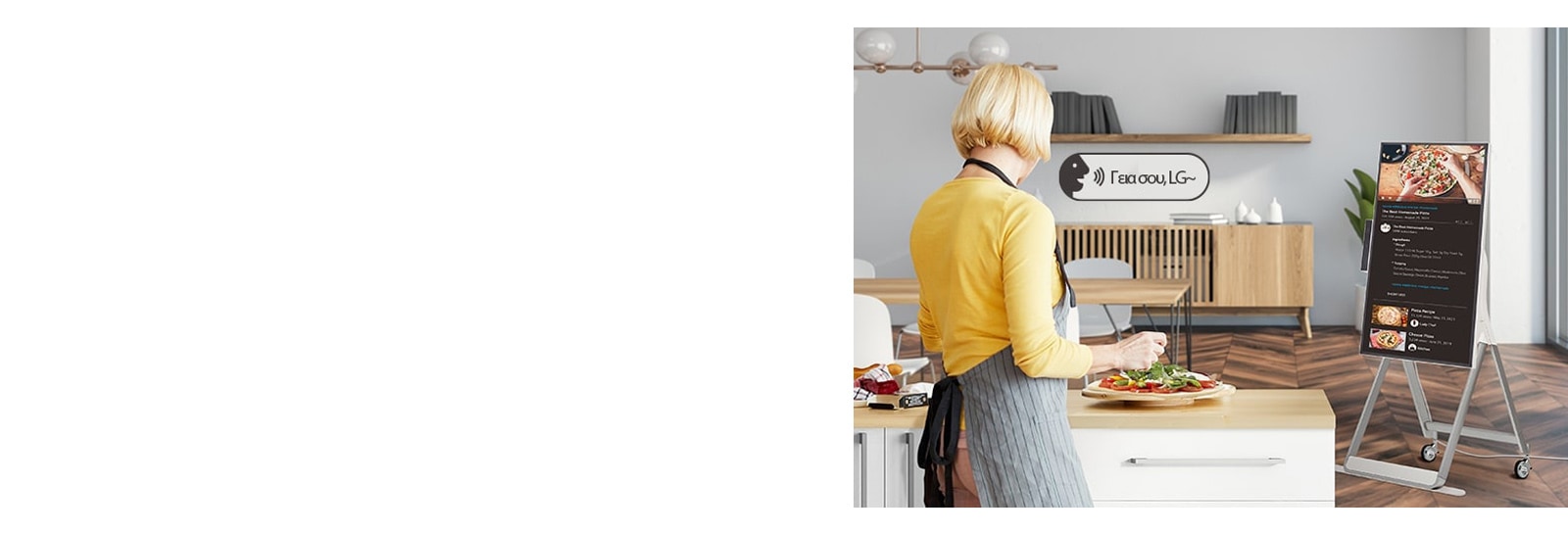 Μια γυναίκα χρησιμοποιεί φωνητικές εντολές για τον χειρισμό του One:Quick Flex, καθώς μαγειρεύει.