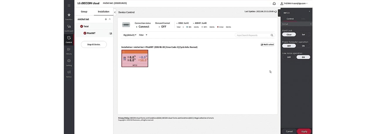 Οθόνη παρακολούθησης υπηρεσίας BECON cloud