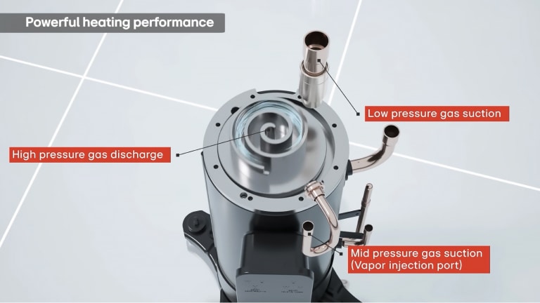 Ένα κοντινό πλάνο του στοιχείου LG Inverter Scroll Chiller δείχνει τις θύρες εισόδου και εξόδου αερίου που συνδέονται σε μεταλλικούς σωλήνες.
