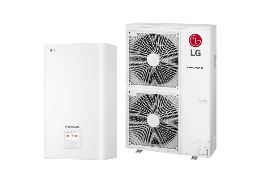 LG R410A Split Hydro Box, 3Ø, 14kW, Δεξιά πλαϊνή όψη 45 μοιρών ενός λευκού ορθογωνίου εσωτερικής μονάδας IWT και μιας εξωτερικής μονάδας με δύο κυκλικούς ανεμιστήρες που προβάλλονται δίπλα-δίπλα., HN1636M NK5 + HU143MA U33