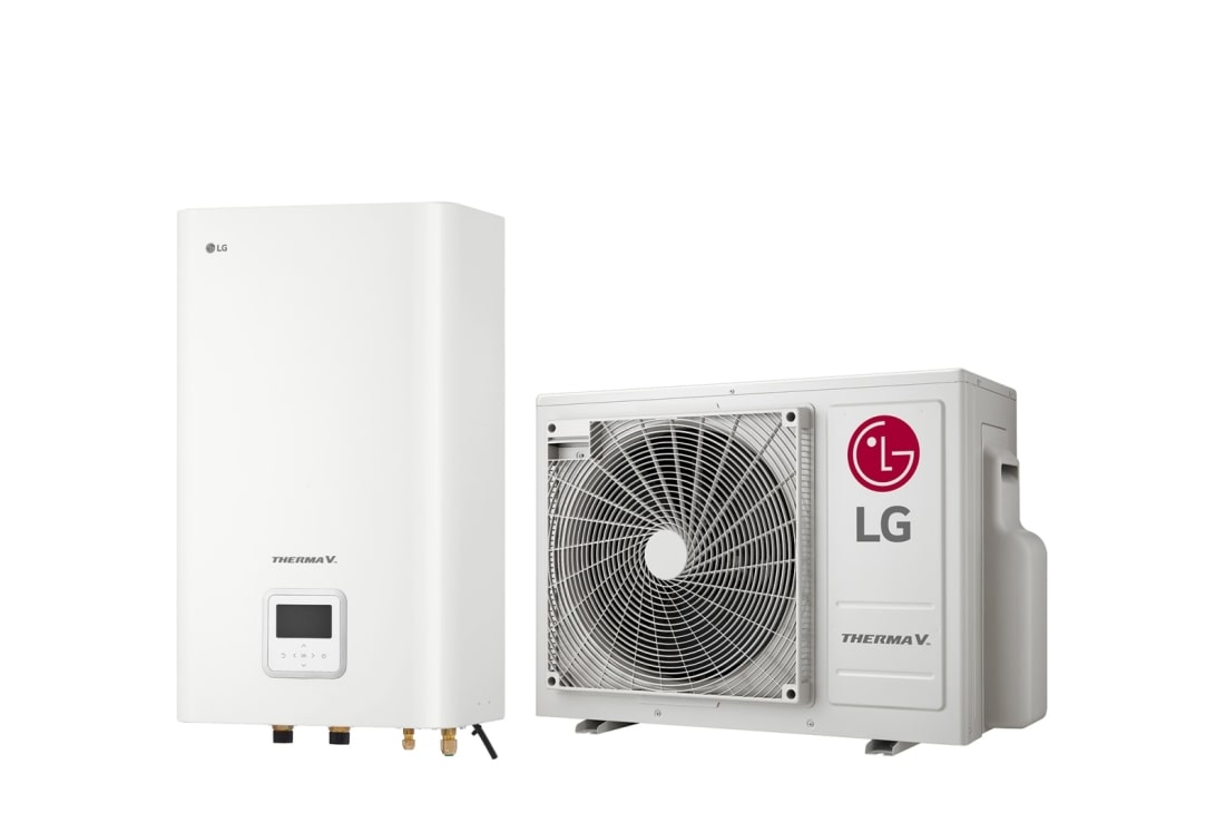 LG R32 Split 4/6 kW Hydro Box, 1Ø, 4kW, Δεξιά πλαϊνή όψη 45 μοιρών ενός λευκού ορθογωνίου εσωτερικής μονάδας IWT και μιας επιδαπέδιας εξωτερικής μονάδας με έναν κυκλικό ανεμιστήρα που προβάλλονται δίπλα-δίπλα., HN0613M NK5 + HU041MR U20