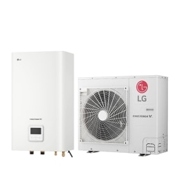 Δεξιά πλαϊνή όψη 45 μοιρών ενός λευκού ορθογωνίου εσωτερικής μονάδας IWT και μιας επιδαπέδιας εξωτερικής μονάδας με έναν κυκλικό ανεμιστήρα που προβάλλονται δίπλα-δίπλα.2