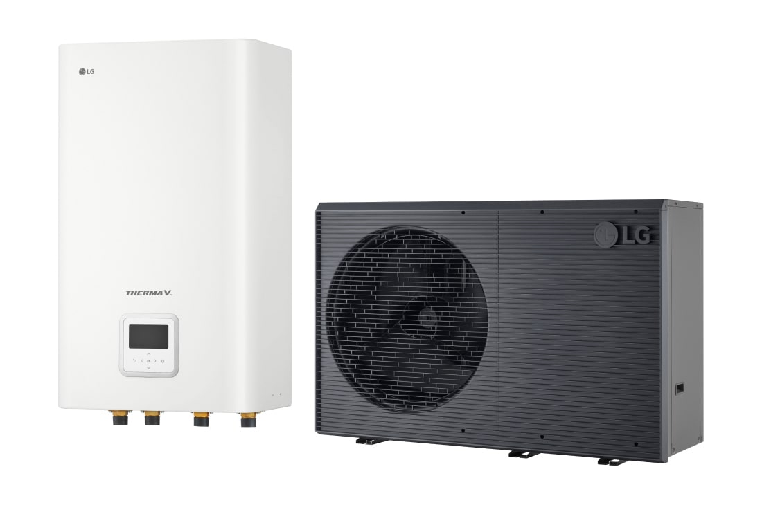 LG R290 Monobloc +  Hydro Unit, 1Ø, 12kW, Αντλία θερμότητας αέρα/νερού THERMA V της LG, μαύρη εξωτερική μονάδα σχεδιασμένη με γκρι κυματιστό πλέγμα, HN1616HC NK0 + HM121HF UB60