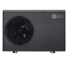 Αντλίες θερμότητας αέρα-νερού LG HM051MRS UA40, μπροστινή όψη μαύρης εξωτερικής μονάδας με γκρίζα κυματιστή γρίλια.2