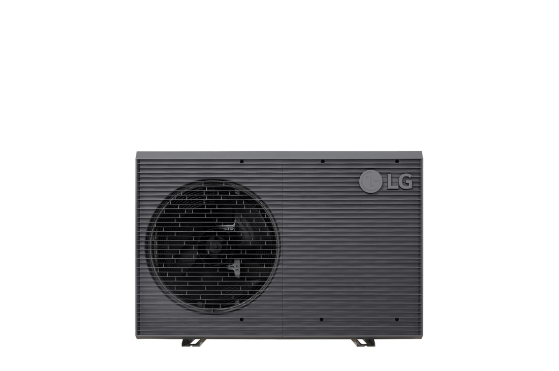 LG R32 Monobloc S II, 1Ø, 7kW, Αντλίες θερμότητας αέρα-νερού LG HM071MRS UA40, μπροστινή όψη μαύρης εξωτερικής μονάδας με γκρίζα κυματιστή γρίλια., HM071MRS UA40