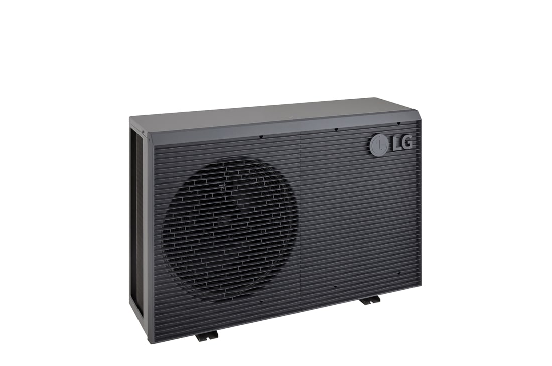 LG R32 Monobloc S II, 1Ø, 7kW, Αντλίες θερμότητας αέρα-νερού LG HM071MRS UA40, επάνω αριστερή όψη μαύρης εξωτερικής μονάδας με γκρίζα κυματιστή γρίλια., HM071MRS UA40, thumbnail 12
