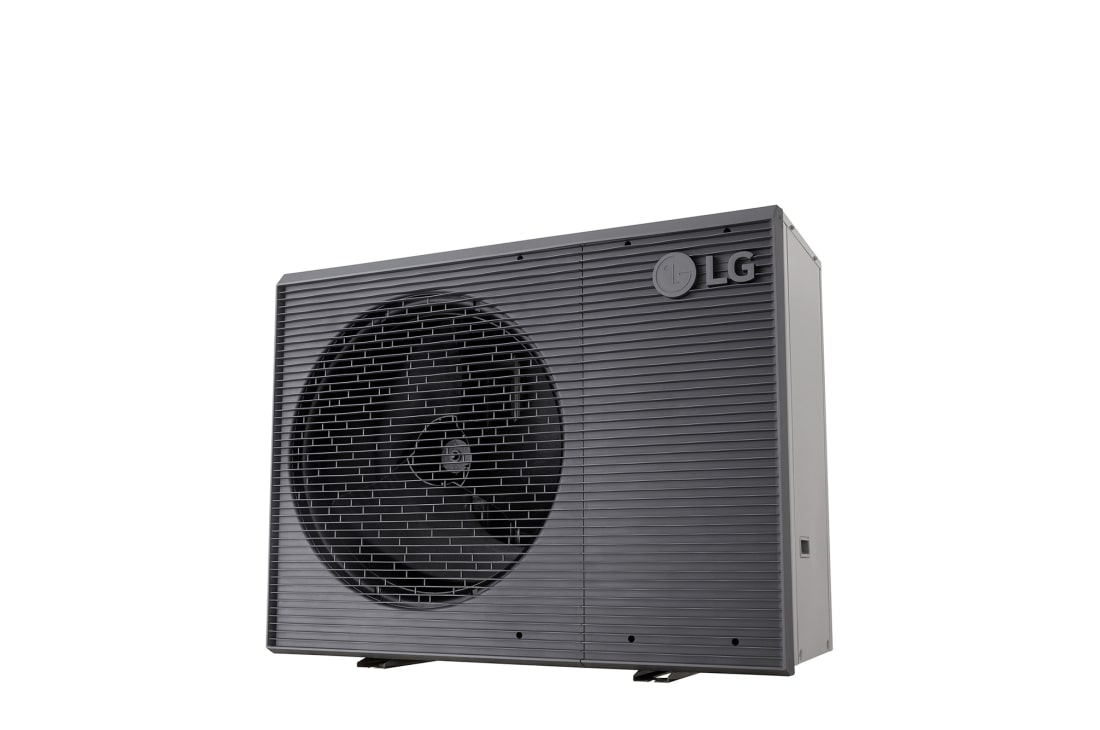 LG R32 Monobloc S II, 3Ø, 14kW, Αντλίες θερμότητας αέρα-νερού LG HM143MRS UB40, κάτω δεξιά όψη μαύρης εξωτερικής μονάδας με γκρίζα κυματιστή γρίλια., HM143MRS UB40, thumbnail 3