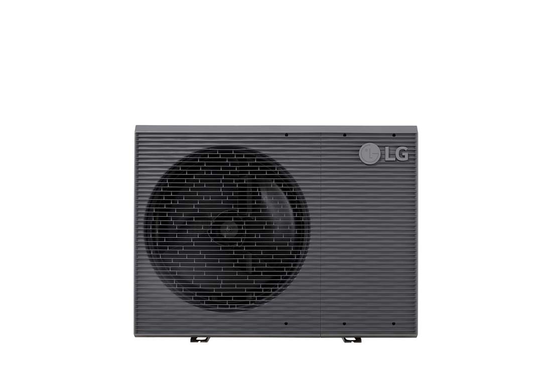 LG R32 Monobloc S II, 1Ø, 14kW, Αντλίες θερμότητας αέρα-νερού LG HM141MRS UB40, μπροστινή όψη μαύρης εξωτερικής μονάδας με γκρίζα κυματιστή γρίλια., HM141MRS UB40
