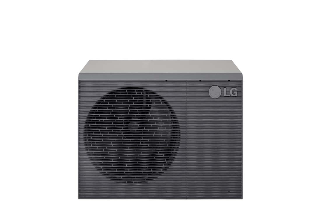 LG R32 Monobloc S II, 1Ø, 14kW, Αντλίες θερμότητας αέρα-νερού LG HM141MRS UB40, επάνω μπροστινή όψη μαύρης εξωτερικής μονάδας με γκρίζα κυματιστή γρίλια., HM141MRS UB40, thumbnail 8