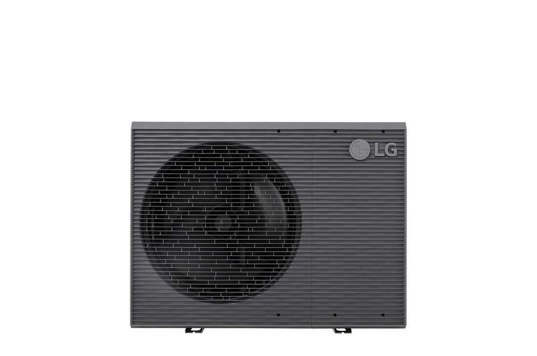 LG R32 Monobloc S II, 3Ø, 16kW, Αντλίες θερμότητας αέρα-νερού LG HM163MRS UB40, μπροστινή όψη μαύρης εξωτερικής μονάδας με γκρίζα κυματιστή γρίλια., HM163MRS UB40