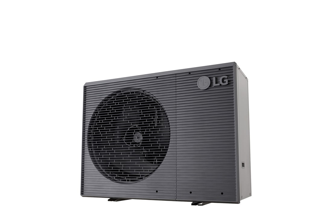 LG R32 Monobloc S II, 3Ø, 16kW, Αντλίες θερμότητας αέρα-νερού LG HM163MRS UB40, κάτω δεξιά όψη μαύρης εξωτερικής μονάδας με γκρίζα κυματιστή γρίλια., HM163MRS UB40, thumbnail 3