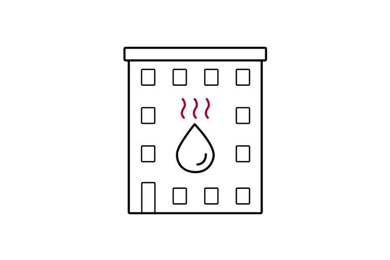 Ελαφρύ εμπορικό κτίριο με σταγονίδια νερού και ατμό στο κέντρο που αναπαριστά τη λειτουργία θέρμανσης.