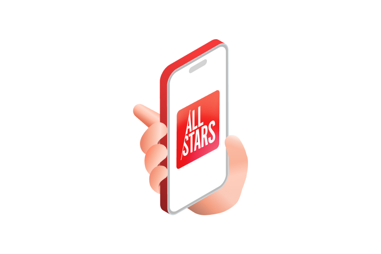 Κρατώντας το τηλέφωνο με το λογότυπο LG All Stars στην οθόνη.