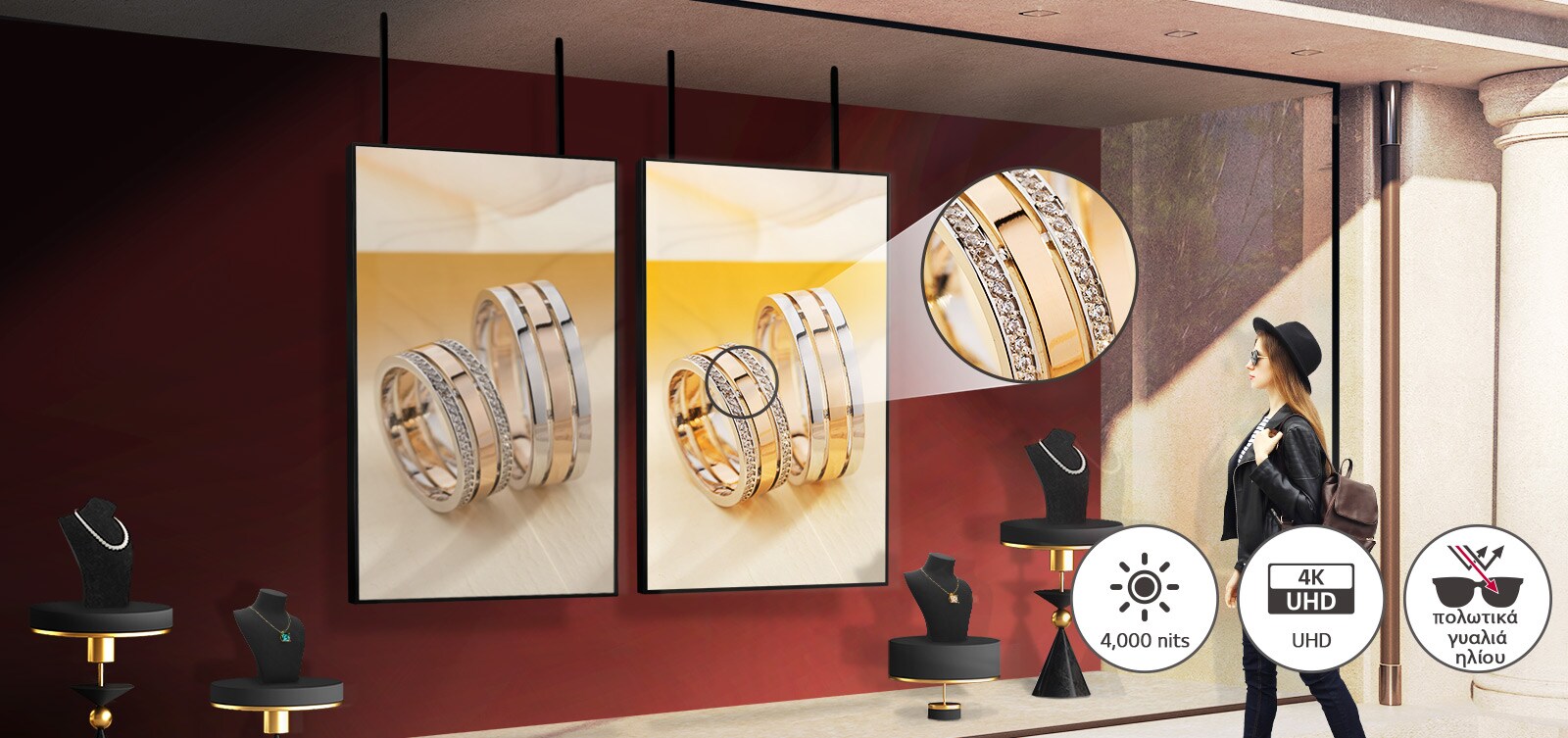 Σε αντίθεση με άλλα προϊόντα, η οθόνη του μοντέλου 75XS4G είναι ευκρινής ακόμα και κάτω από τον ήλιο ή όταν ο θεατής φοράει γυαλιά ηλίου.