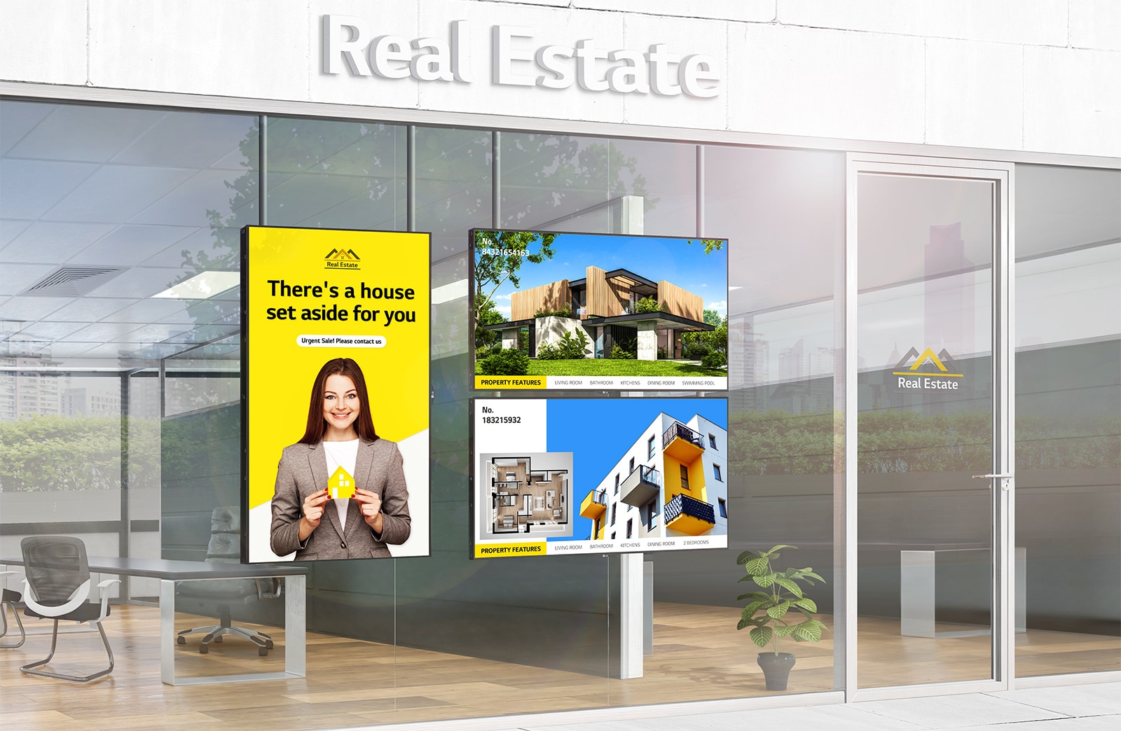 Στη βιτρίνα ενός μεσιτικού γραφείου υπάρχουν τοποθετημένες "Οθόνες βιτρίνας υψηλής φωτεινότητας" σε κατακόρυφο και οριζόντιο προσανατολισμό, στραμμένες προς τα έξω, όπου χάρη στην υψηλή τους φωτεινότητα οι διαφημίσεις που προβάλλονται είναι απολύτως ορατές από έξω, ακόμα και υπό έντονο ηλιακό φως.