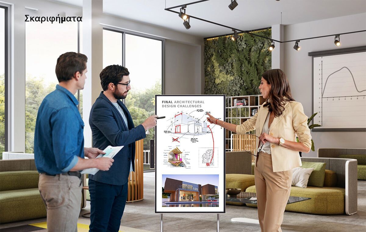 Διάφορα άτομα συζητούν και μοιράζονται τις ιδέες τους μέσω του LG One:Quick Flex. Ένα άτομο σημειώνει πάνω στα δεδομένα που φαίνονται στην οθόνη του One:Quick Flex με μια ειδική γραφίδα. Η εικόνα που στέλνεται από το LG One:Quick Flex, φαίνεται στο κινητό τηλέφωνο μιας γυναίκας.