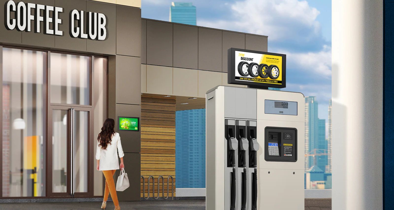 Οι διαφημίσεις για ελαστικά εμφανίζονται σε μία οθόνη 22XE1J που είναι τοποθετημένη στο επάνω μέρος της αντλίας καυσίμων. Μία κυρία ενώ μπαίνει σε ένα καφέ κοιτάζει τη διαφήμιση πάνω σε μία οθόνη 22XE1J που είναι τοποθετημένη στον τοίχο του κτιρίου.