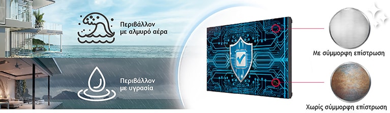 Το μοντέλο VH7J-H διαθέτει σύμμορφη επίστρωση στην κεντρική πλακέτα κυκλώματος (πίνακας ισχύος), για την προστασία του video wall ακόμα και σε περιβάλλον με αλμυρό αέρα ή υγρασία.