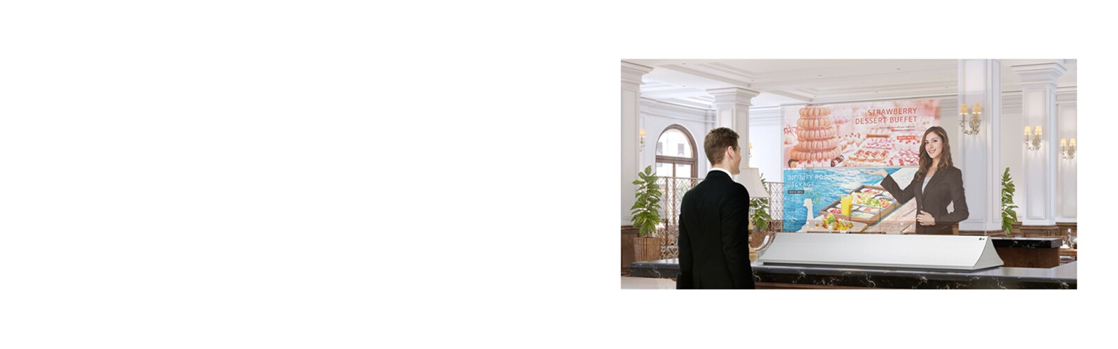 Ένας άντρας λαμβάνει πληροφορίες μέσω της οθόνης της Transparent OLED, η οποία δείχνει φωτογραφίες ενός μενού με επιδόρπια.