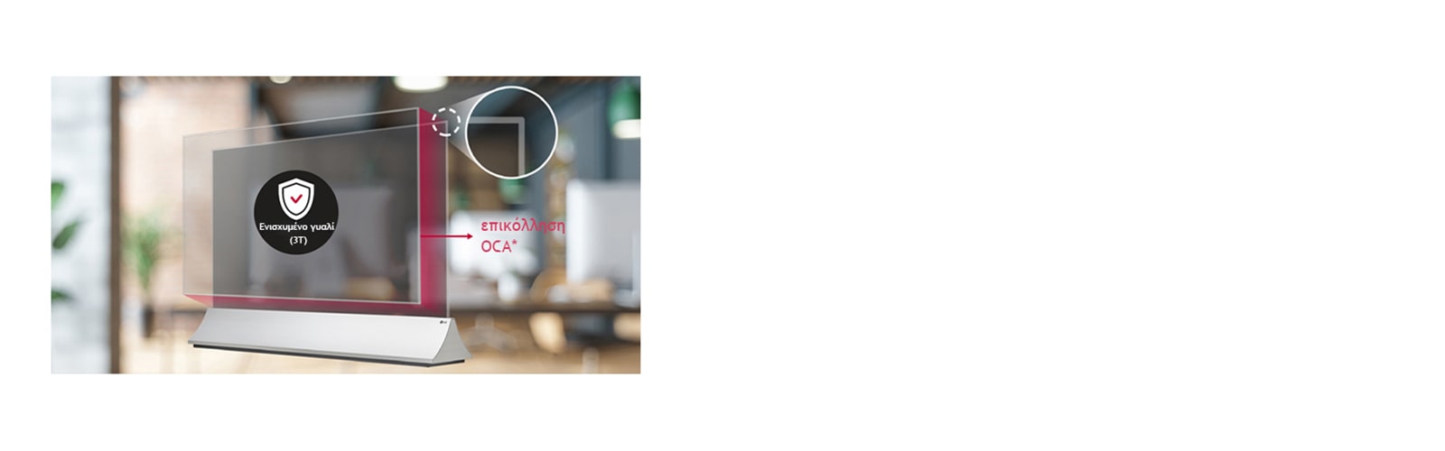 Υπάρχει η δυνατότητα προσάρτησης ενός λεπτού και διαφανούς ενισχυμένου γυαλιού στην οθόνη, για τη μέγιστη δυνατή προστασία του προϊόντος και την ασφάλεια του χρήστη.