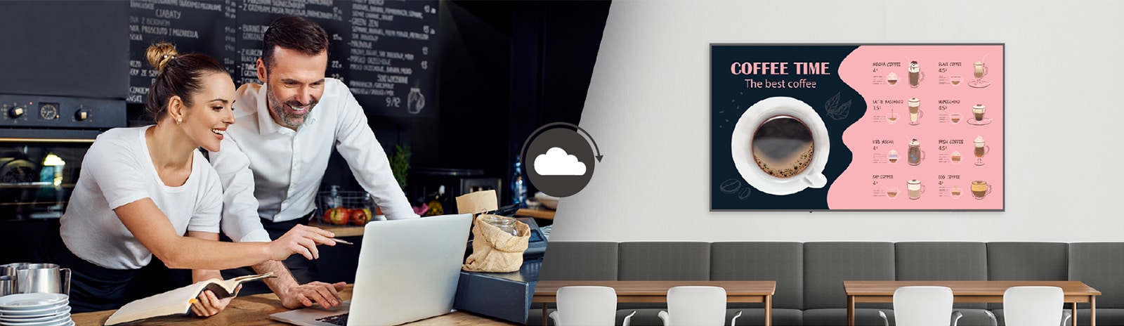 Η διευθυντές των καφέ δημιουργούν μενού που θα προβάλλονται στην οθόνη που είναι εγκατεστημένη στον τοίχο των καφέ, χρησιμοποιώντας λογισμικό διαχείρισης περιεχομένου.