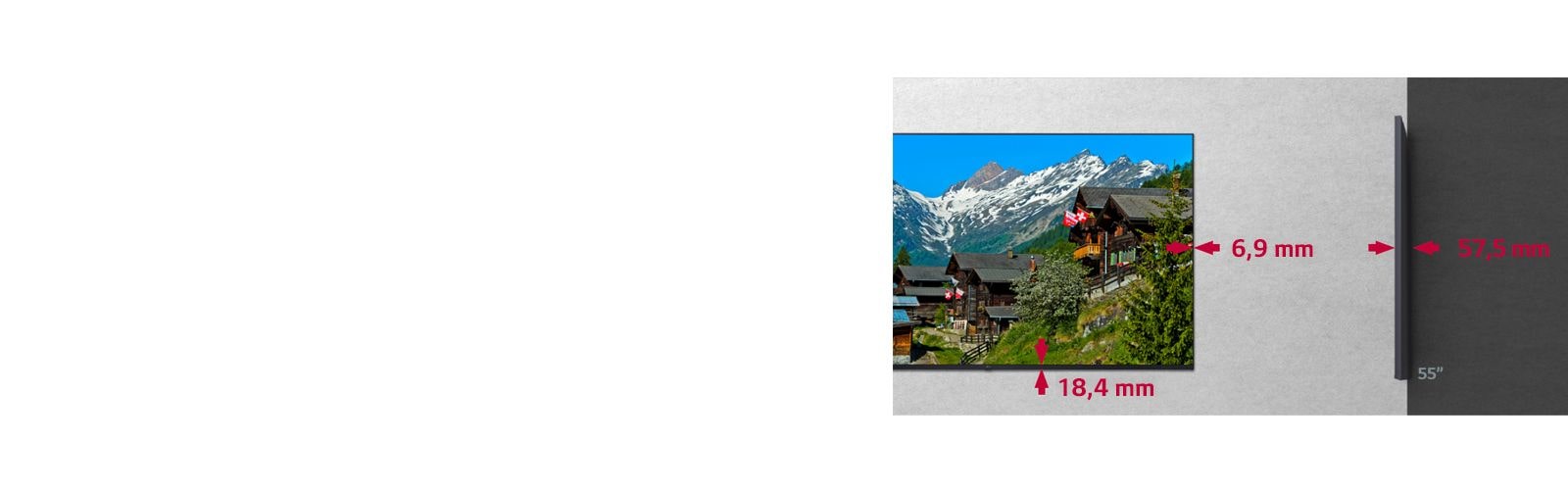 Παρουσιάζει το μέγεθος του διακοσμητικού πλαισίου ως 6,9 mm επί 18,4 mm, και επιδεικνύει το λεπτό της σχήμα με βάθος 57,5 mm.