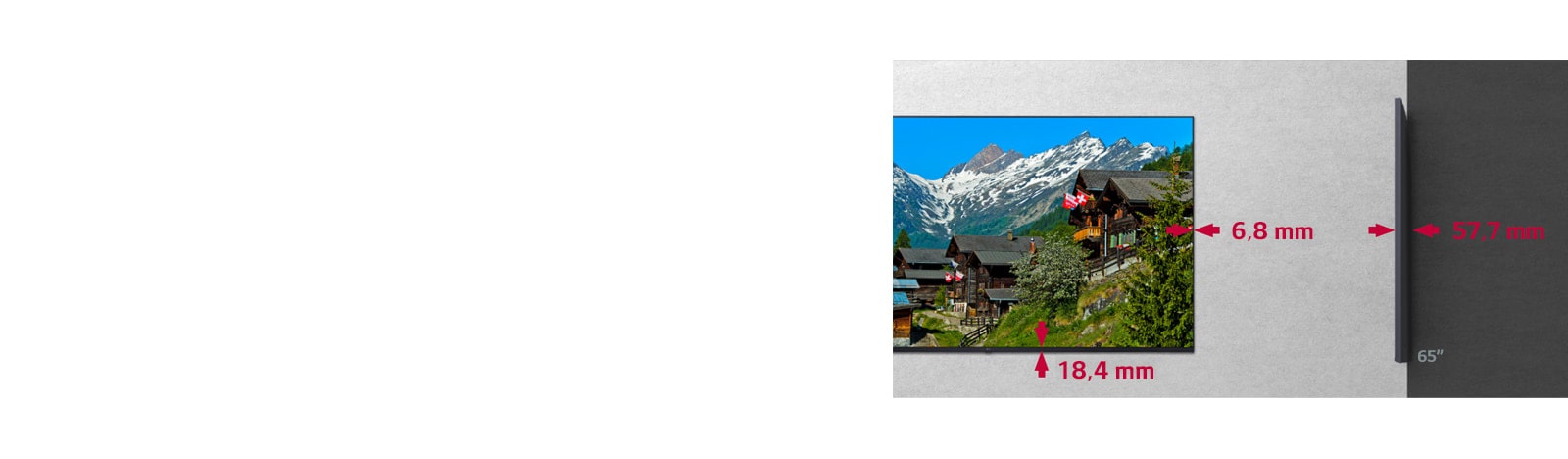 Παρουσιάζει το μέγεθος του διακοσμητικού πλαισίου ως 6,9 mm επί 18,4 mm, και επιδεικνύει το λεπτό του σχήμα με βάθος 57,5 mm.