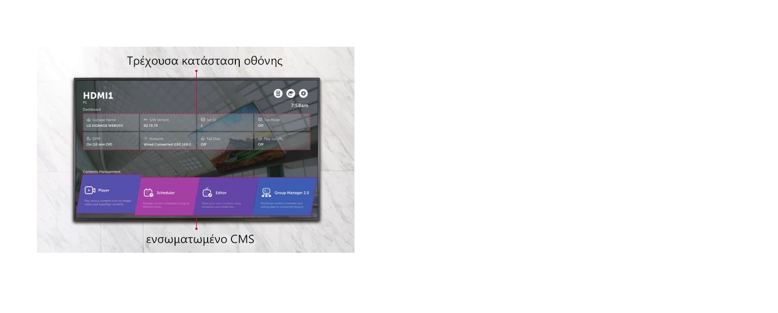 Το WP600 προσφέρει ένα αρχικό μενού που εμφανίζει την τρέχουσα κατάσταση της οθόνης και του ενσωματωμένου CMS.