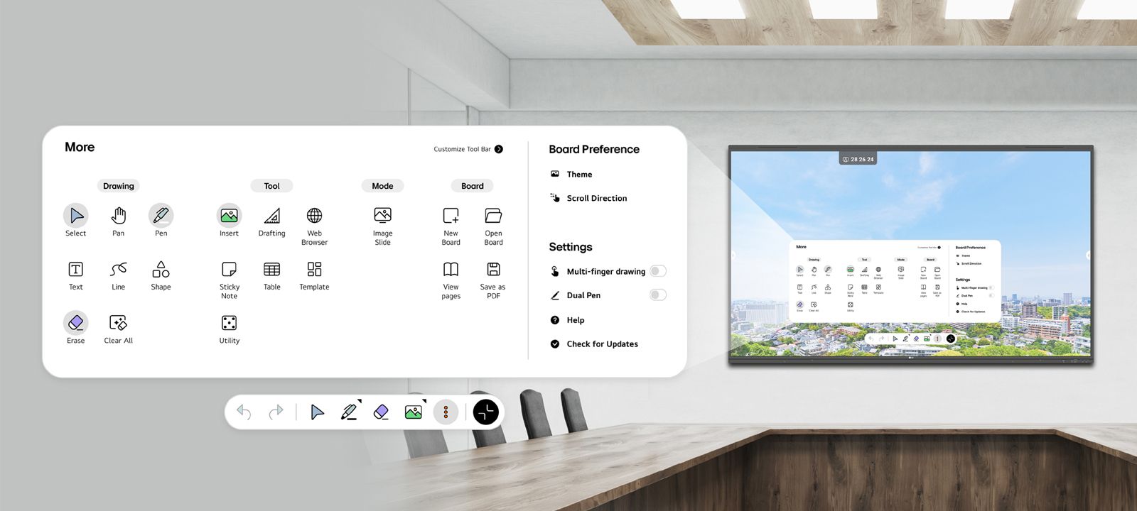 Μια TR3PN είναι τοποθετημένη στον τοίχο της αίθουσας συσκέψεων, με τη γραμμή μενού να εμφανίζεται στην οθόνη.