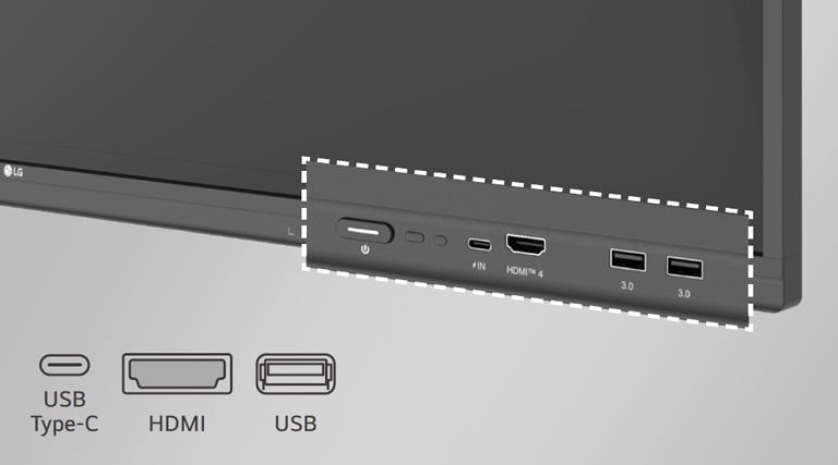 Το LG CreateBoard διαθέτει θύρες στο μπροστινό μέρος, όπως USB και HDMI.