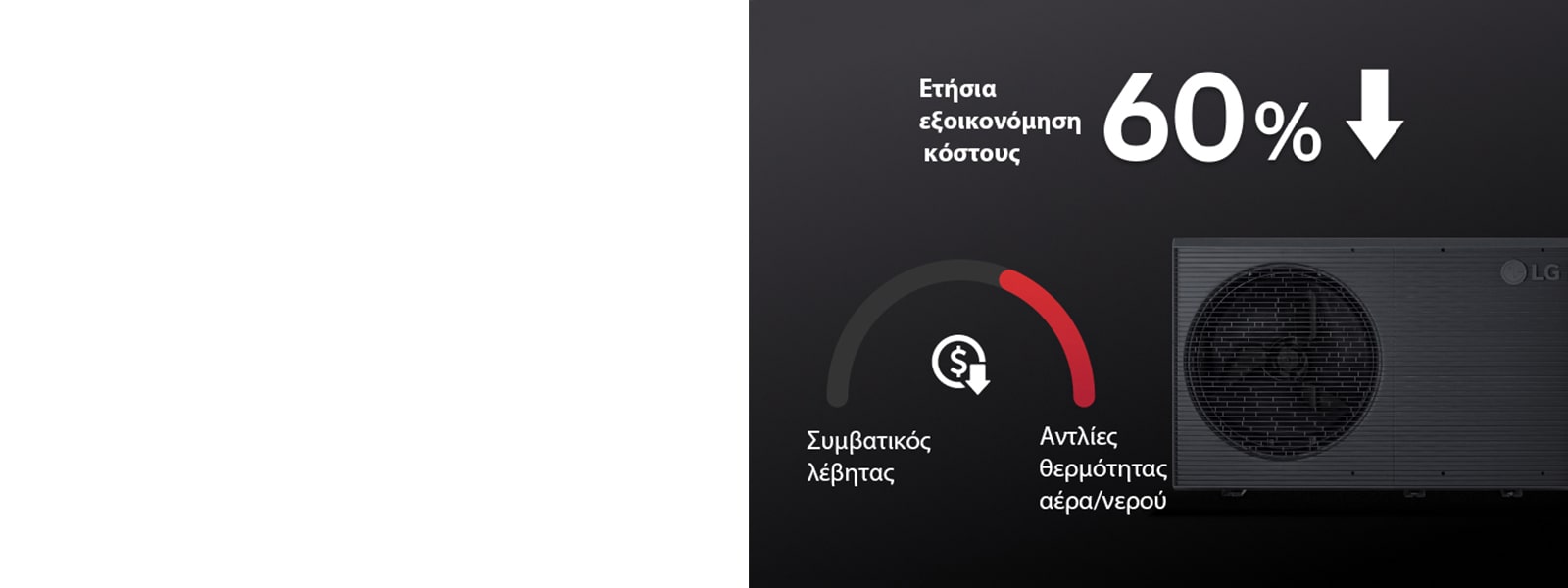 Με τη μαύρη συσκευή LG THERMA V, υπάρχει ένα γράφημα που δείχνει ότι η λύση των αντλιών θερμότητας αέρα/νερού μπορεί να εξοικονομήσει χρήματα σε σχέση με τον συμβατικό λέβητα.