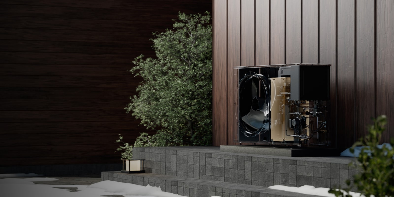 Τα εσωτερικά εξαρτήματα μιας συσκευής LG THERMA V τοποθετημένα στις σκάλες ενός σπιτιού.