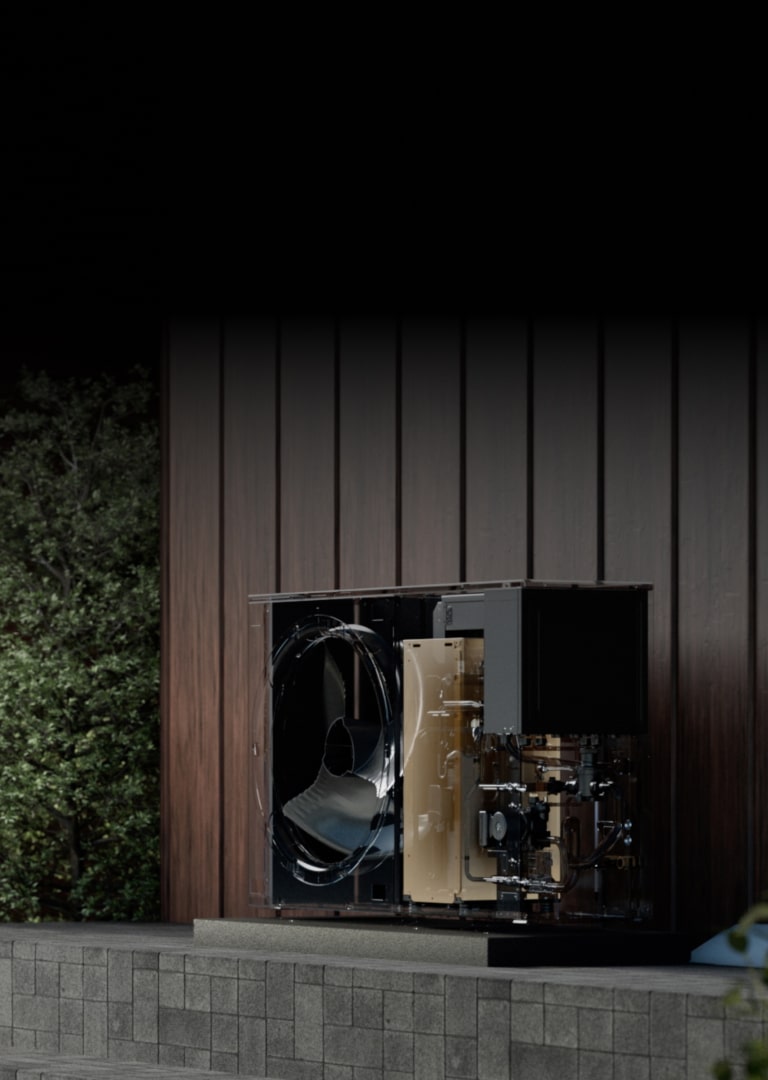 Τα εσωτερικά εξαρτήματα μιας συσκευής LG THERMA V τοποθετημένα στις σκάλες ενός σπιτιού.