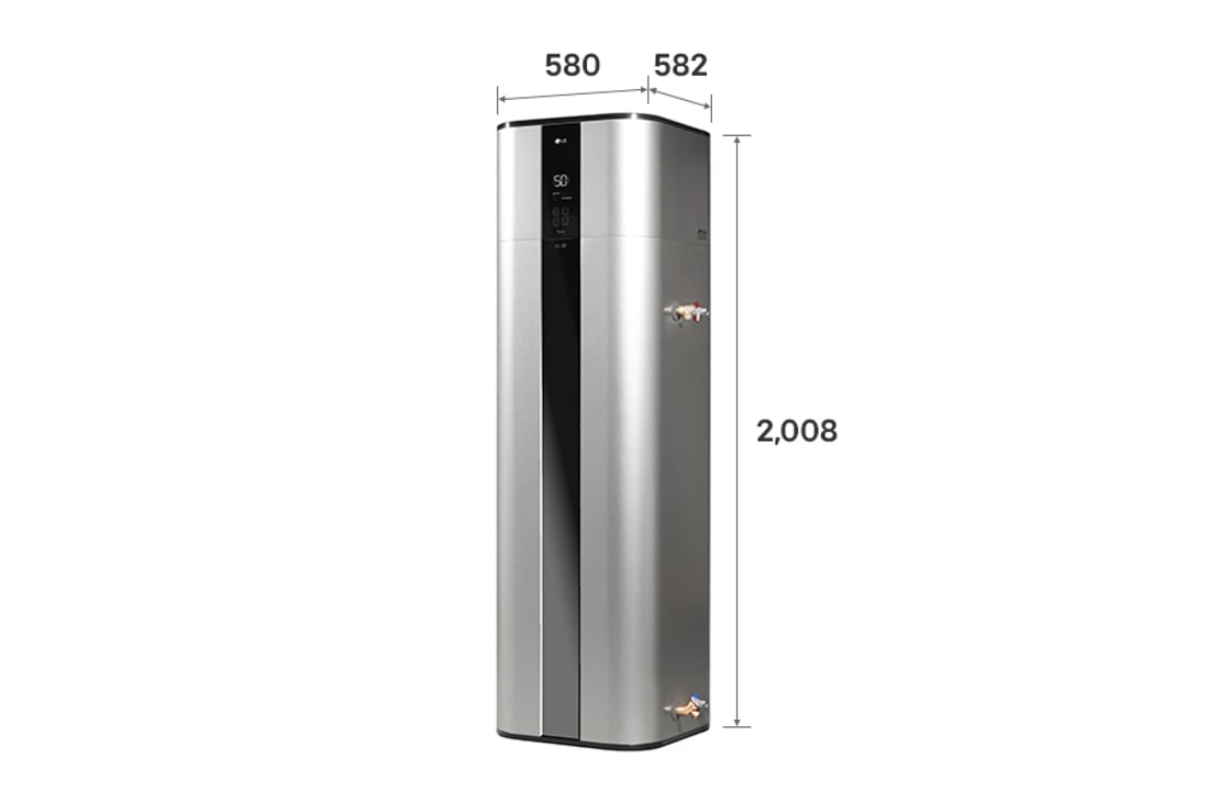 LG Αντλία θερμότητας για παραγωγή ζεστού νερού χρήσης (Water Heater) R134a 270 l – SG Ready, Το εξωτερικό του θερμαντήρα νερού αντλίας θερμότητας LG (WH27STR2.FA) με ένδειξη των διαστάσεων. Έχει διαστάσεις 580 mm × 2.008 mm × 582 mm., WH27STR FA, thumbnail 3