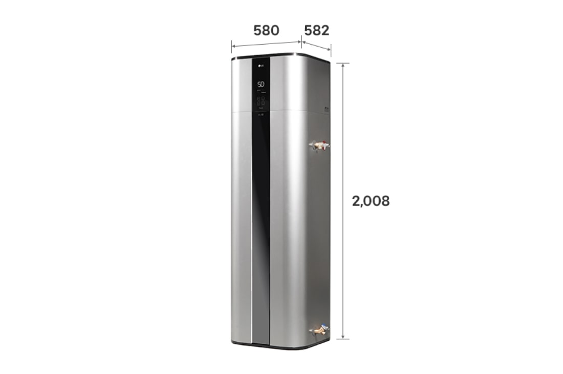 LG Αντλία θερμότητας για παραγωγή ζεστού νερού χρήσης (Water Heater) R134a 270 l, Το εξωτερικό του θερμαντήρα νερού της αντλίας θερμότητας LG (WH27S.F5) με ένδειξη των διαστάσεων. Έχει διαστάσεις 580 mm × 2.008 mm × 582 mm., WH27S F5, thumbnail 3