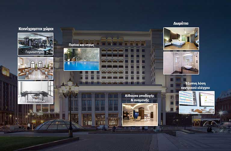 Μια εικόνα ενός ξενοδοχείου με μικρογραφίες δημόσιων χώρων, πισίνας, δωματίου επισκεπτών, λόμπι και κέντρου ελέγχου.