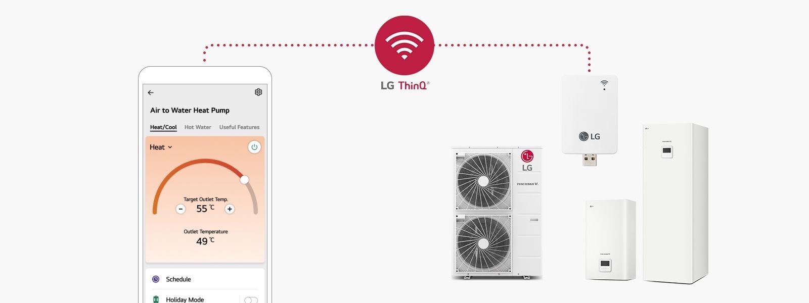 A smartphone showing the WiFi signal sits on the left, connected to an LG air to water heat pump hydrosplit on the right via a dotted line.