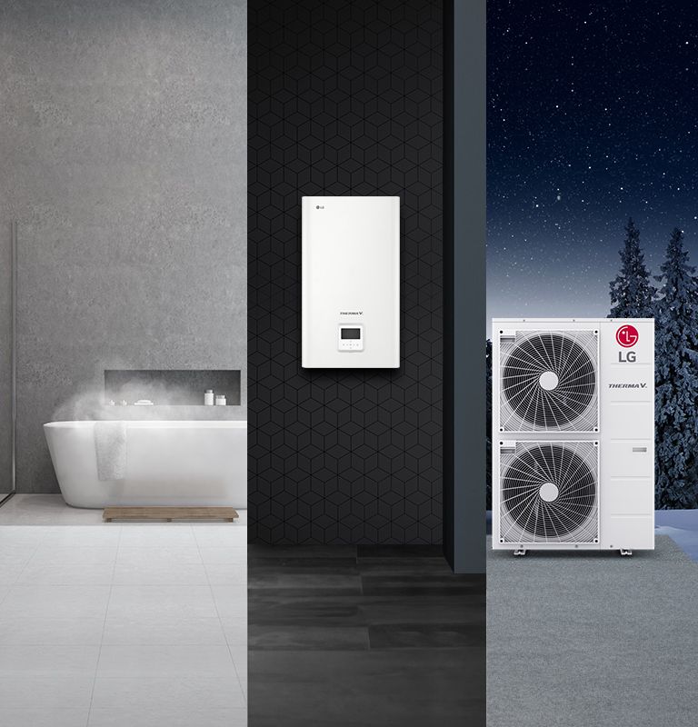 A steamy bathtub situates left, flanked by the LG Therma V indoor unit at the center and LG Therma V double-stack outdoor unit to the right.