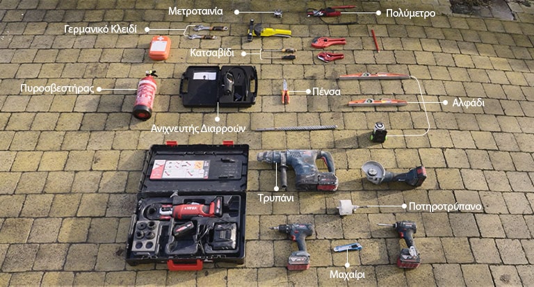 Διάφορα εργαλεία για την προετοιμασία της εγκατάστασης της LG R290 Monobloc