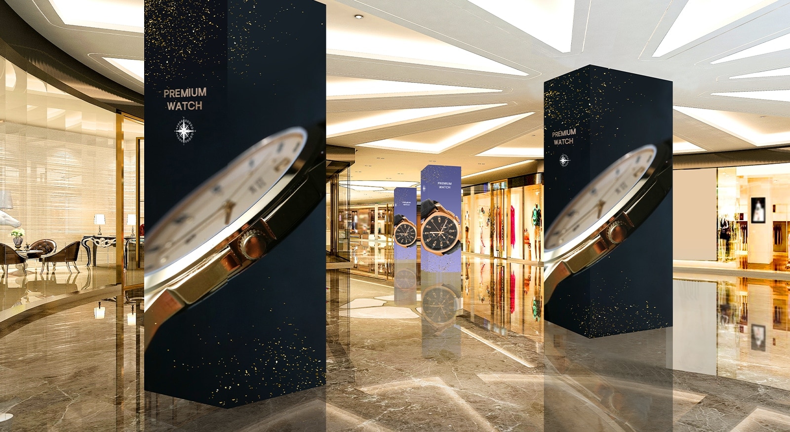 Τα LED είναι εγκατεστημένα σε ολόκληρη την επιφάνεια των τετράγωνων στύλων σε ένα εμπορικό κέντρο, παρουσιάζοντας διαφημίσεις. Οι οθόνες παρουσιάζουν μια άψογη και καθαρή εικόνα ακόμα και στις γωνίες των στύλων.