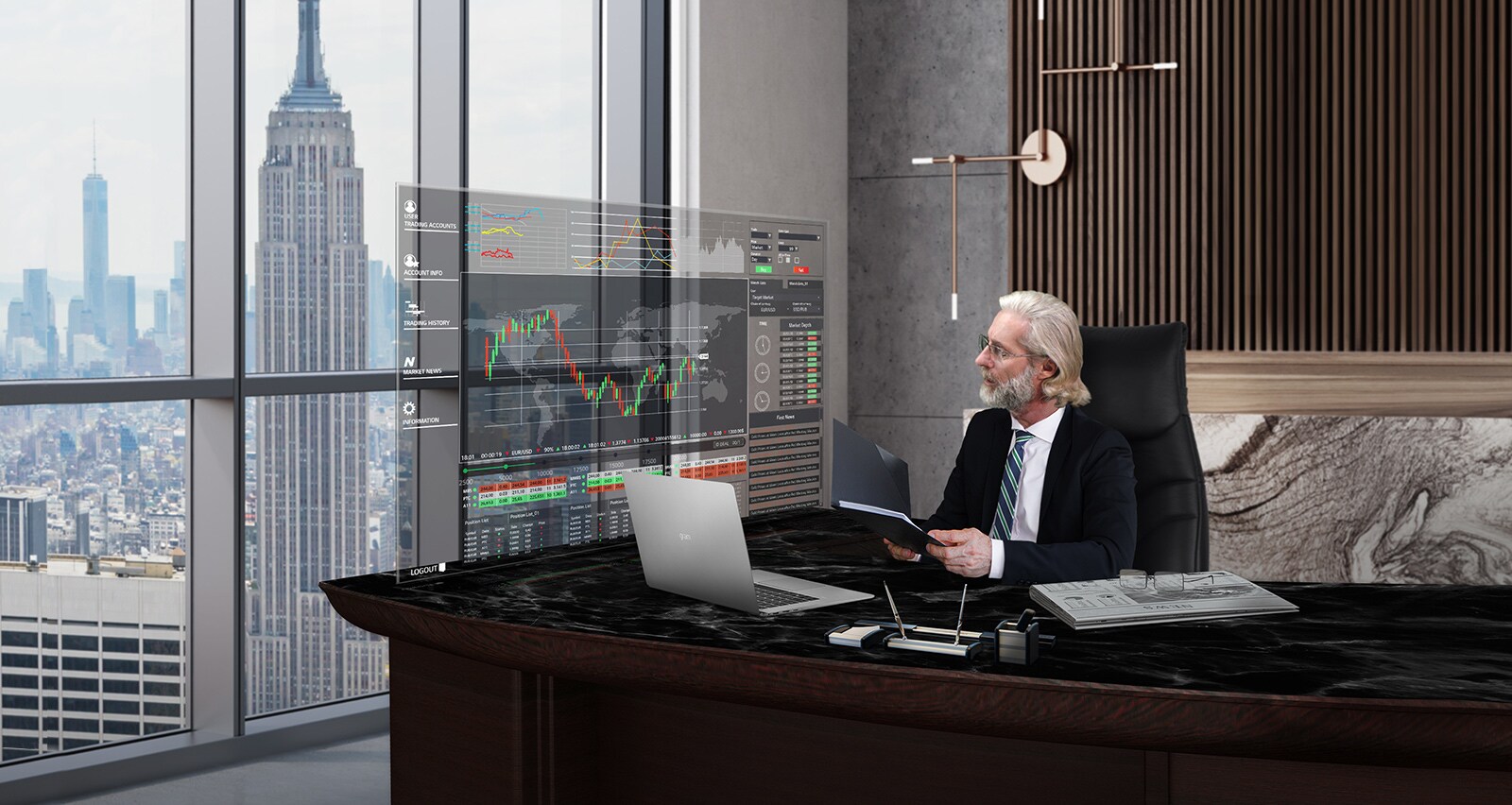 Ένας άντρας εργάζεται κοιτώντας τα δεδομένα που εμφανίζονται στη διαφανή οθόνη OLED.